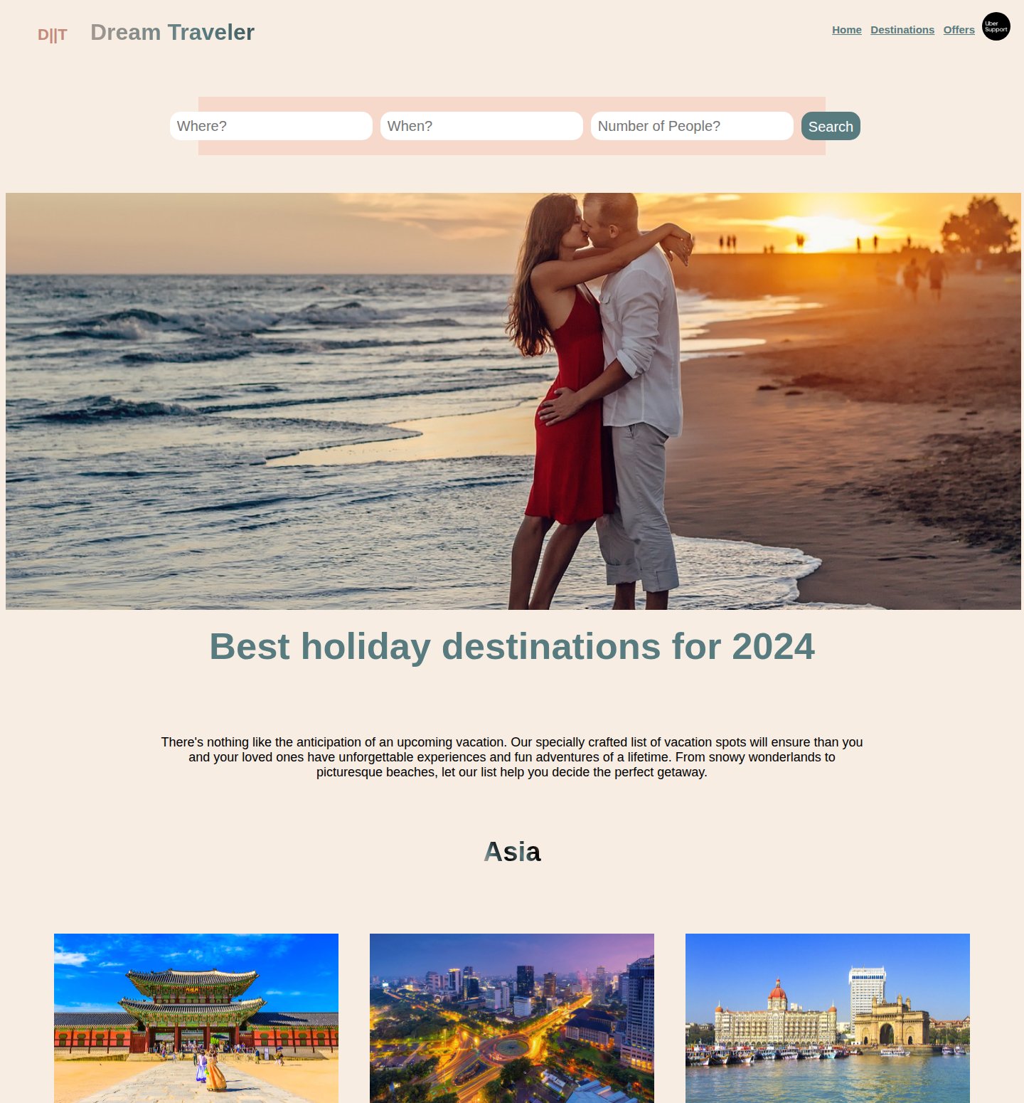Dream Traveler website, destinations page