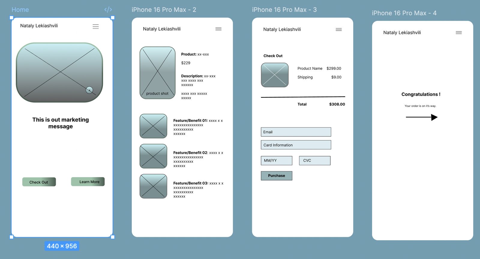 Mobile shopping app UI flow: home, product, checkout, confirmation